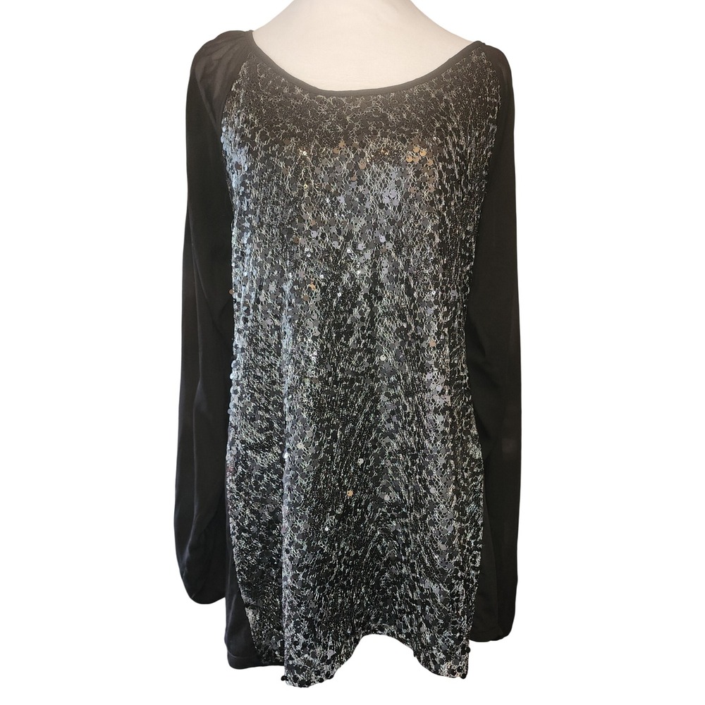 American Glamour Badgley Mischka Black Sequin Long Sleeve Blouse Size L READ